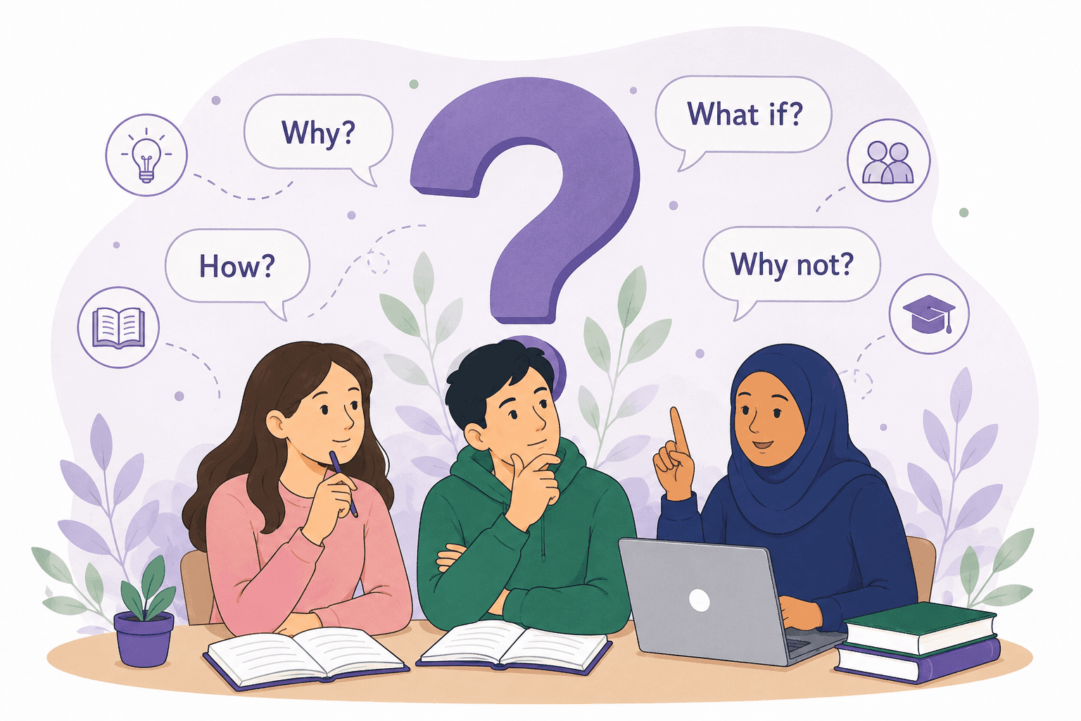 Students learning together under a knowledge tree